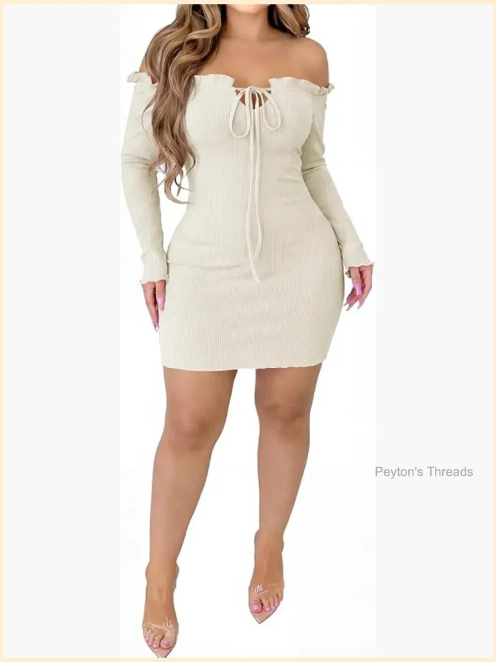 Sexy Off Shoulder Ribbed Bodycon Mini Club Dress Long Sleeve Slim Fit